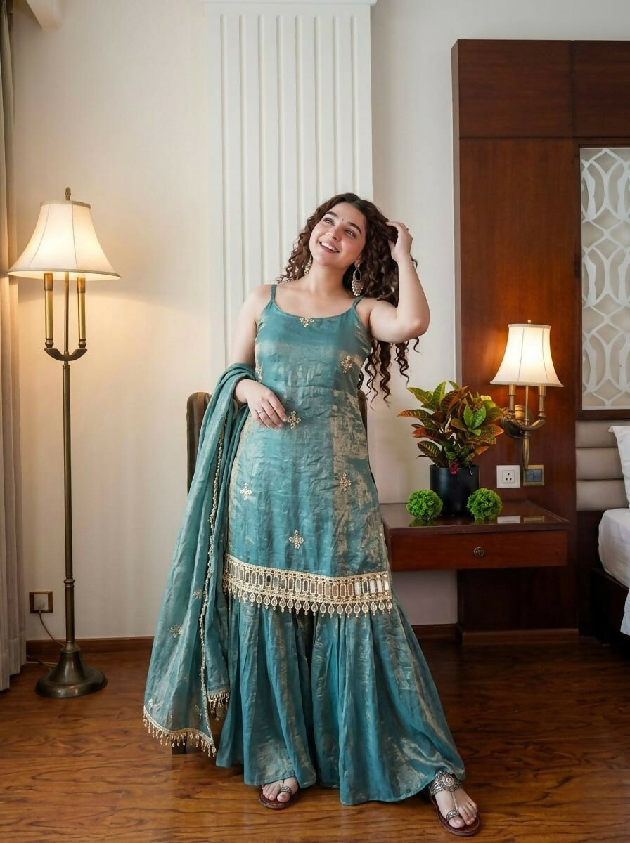 Teeya Creation Womens Trending Heavy Embroidery Sequence Work Kurta Sharara Set - Teal | Grocsy
