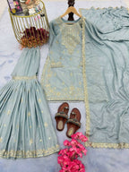 Teeya Creation Mint Green Color Chinnon Silk Embroidery Work Wedding Wear Salwar Suit | Grocsy