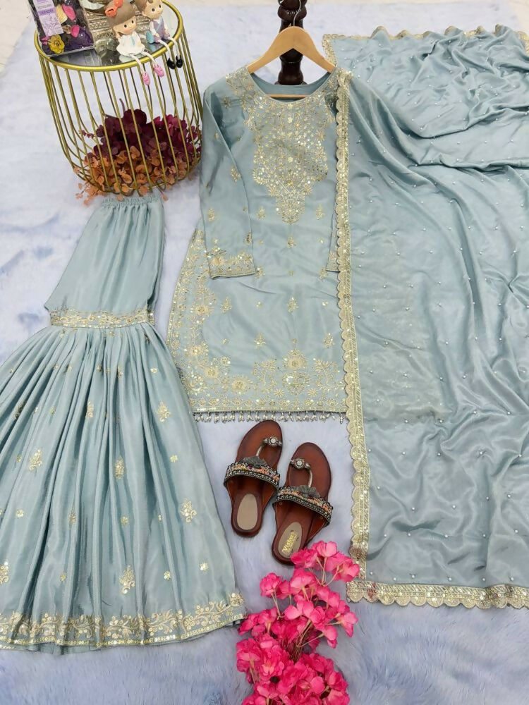 Teeya Creation Mint Green Color Chinnon Silk Embroidery Work Wedding Wear Salwar Suit | Grocsy