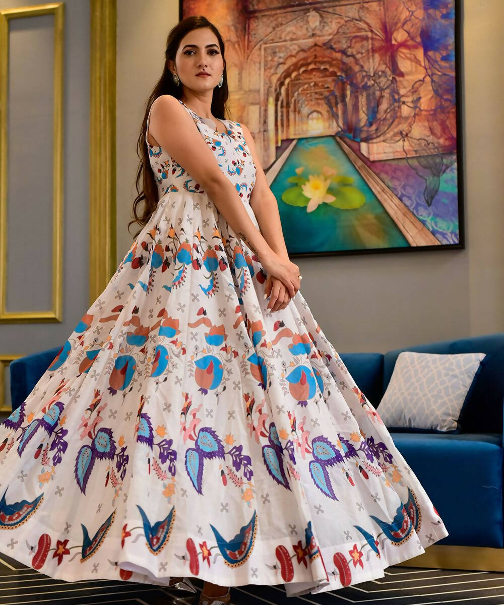 Casual Designer Offwhite Cotton Silk Gown - Anbazaar | Grocsy