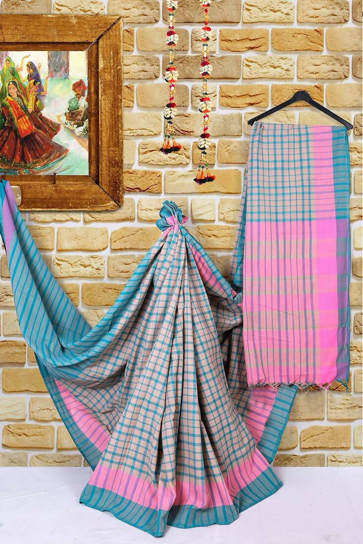 Vamika Cream Cotton Silk Weaving Saree (Terra Checks Rama) | Grocsy
