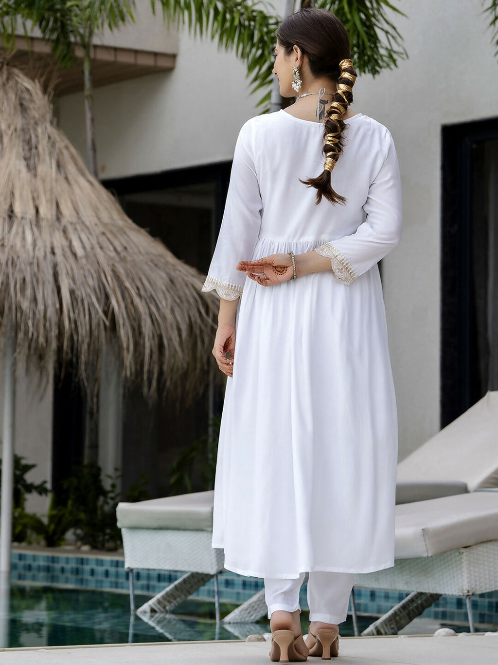 The52 White Women's Gorgeous Embroidered Chanderi Fabric Straight Kurta, Pant and Dupatta Set | Grocsy