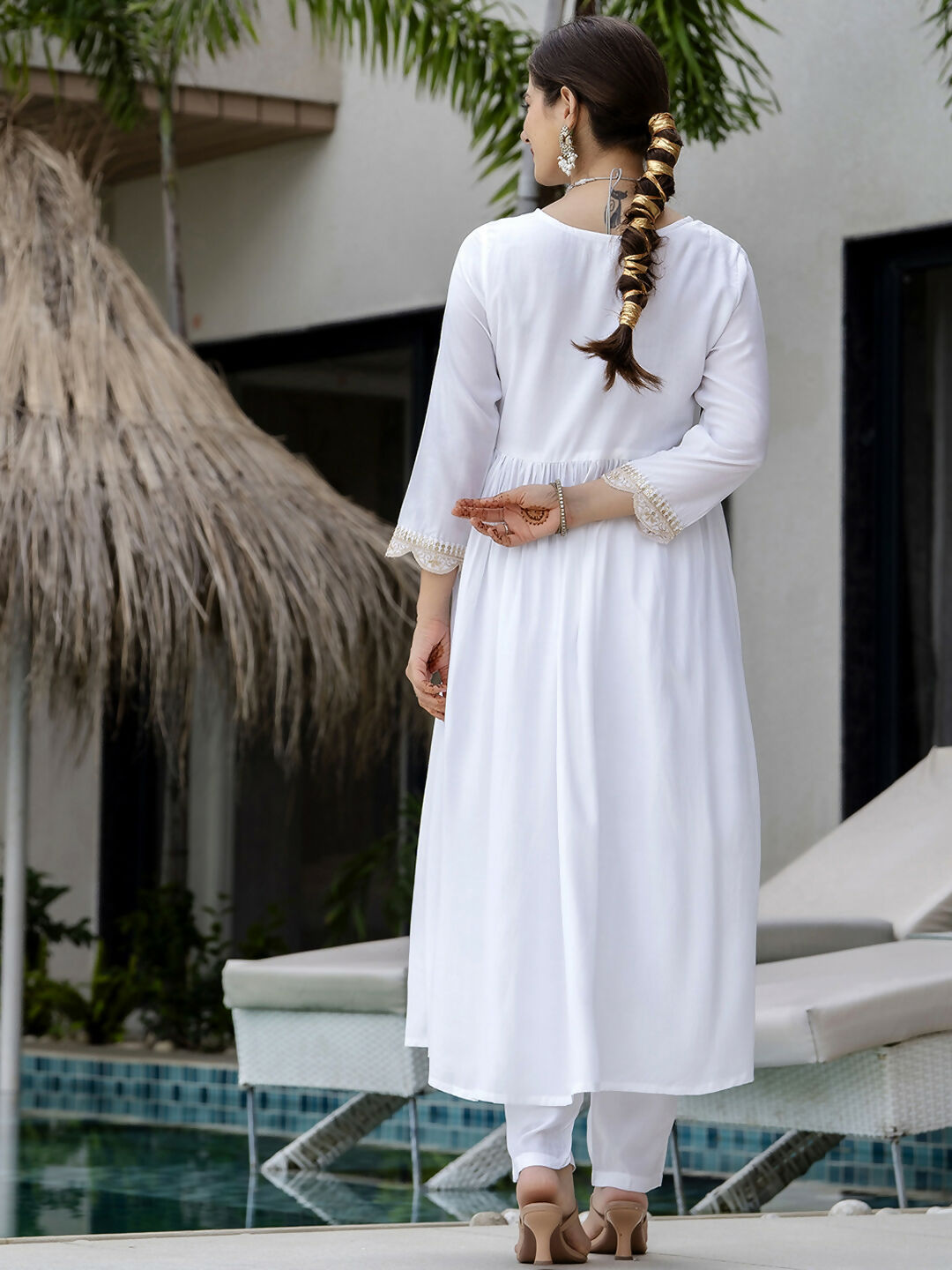 The52 White Women's Gorgeous Embroidered Chanderi Fabric Straight Kurta, Pant and Dupatta Set | Grocsy