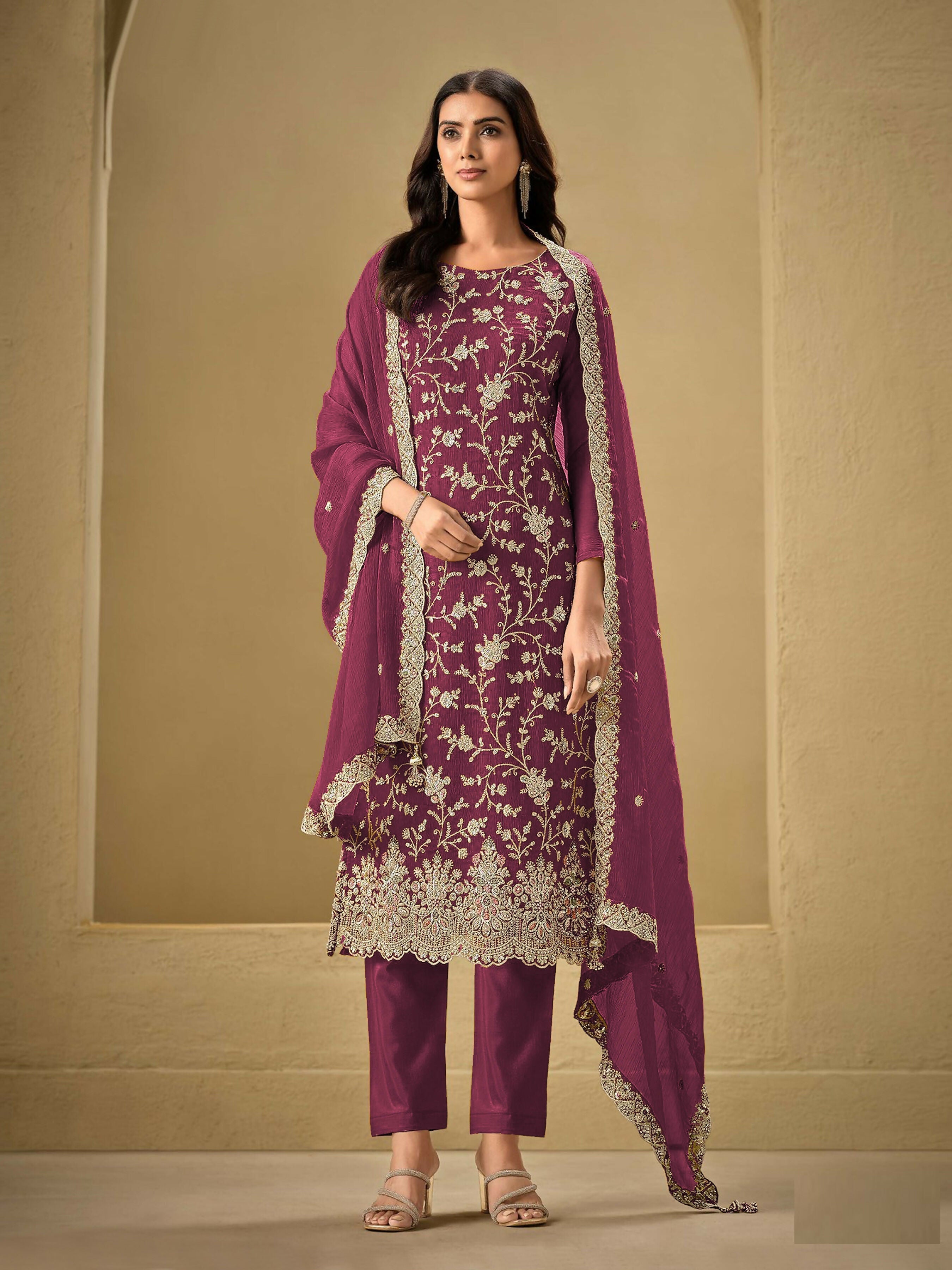 Anaita Maroon Embroidered Silk Stitched Salwar Suit | Grocsy