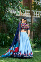 Vastranavya Luxurious Tussar Silk Print With Foil Work Lehenga Choli - Sky Blue | Grocsy