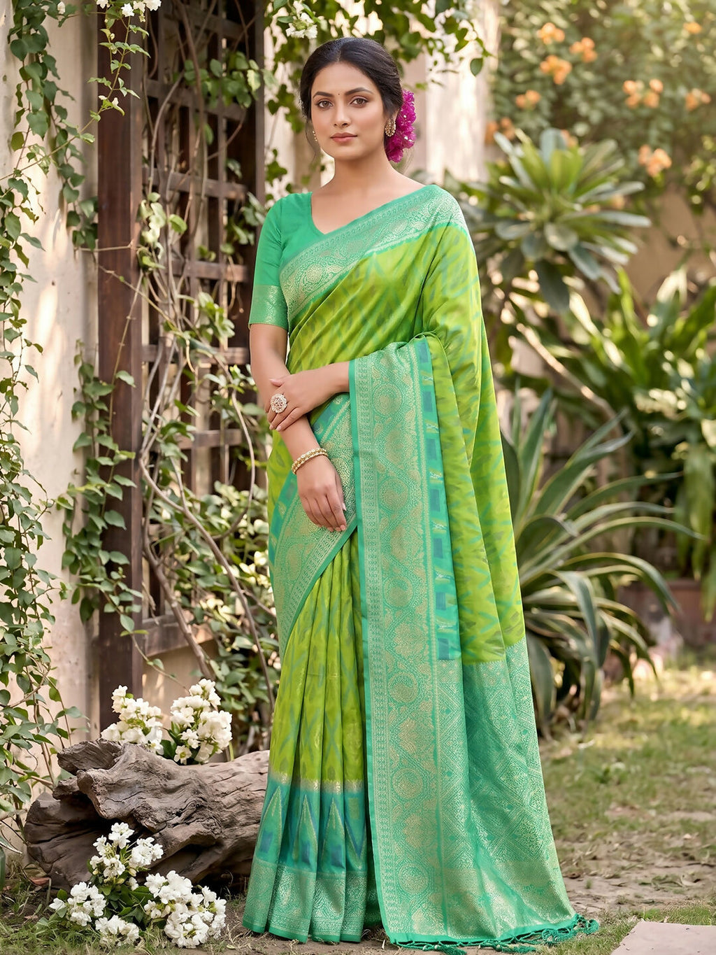 Shree Shyam Fashion Rama Green Soft Silk Saree | Grocsy