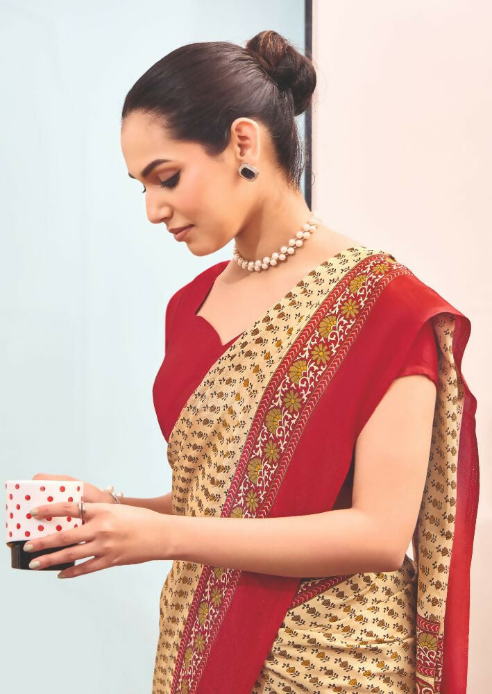 Joban Fashion Cream Crepe Silk with Traditional Print Saree | Grocsy