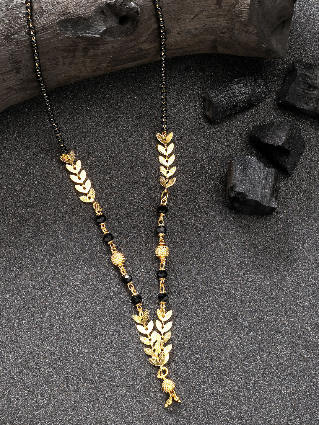 NVR Women's Short Mangalsutra Designs Gold-Polished & Black Beaded Mangalsutra | Grocsy