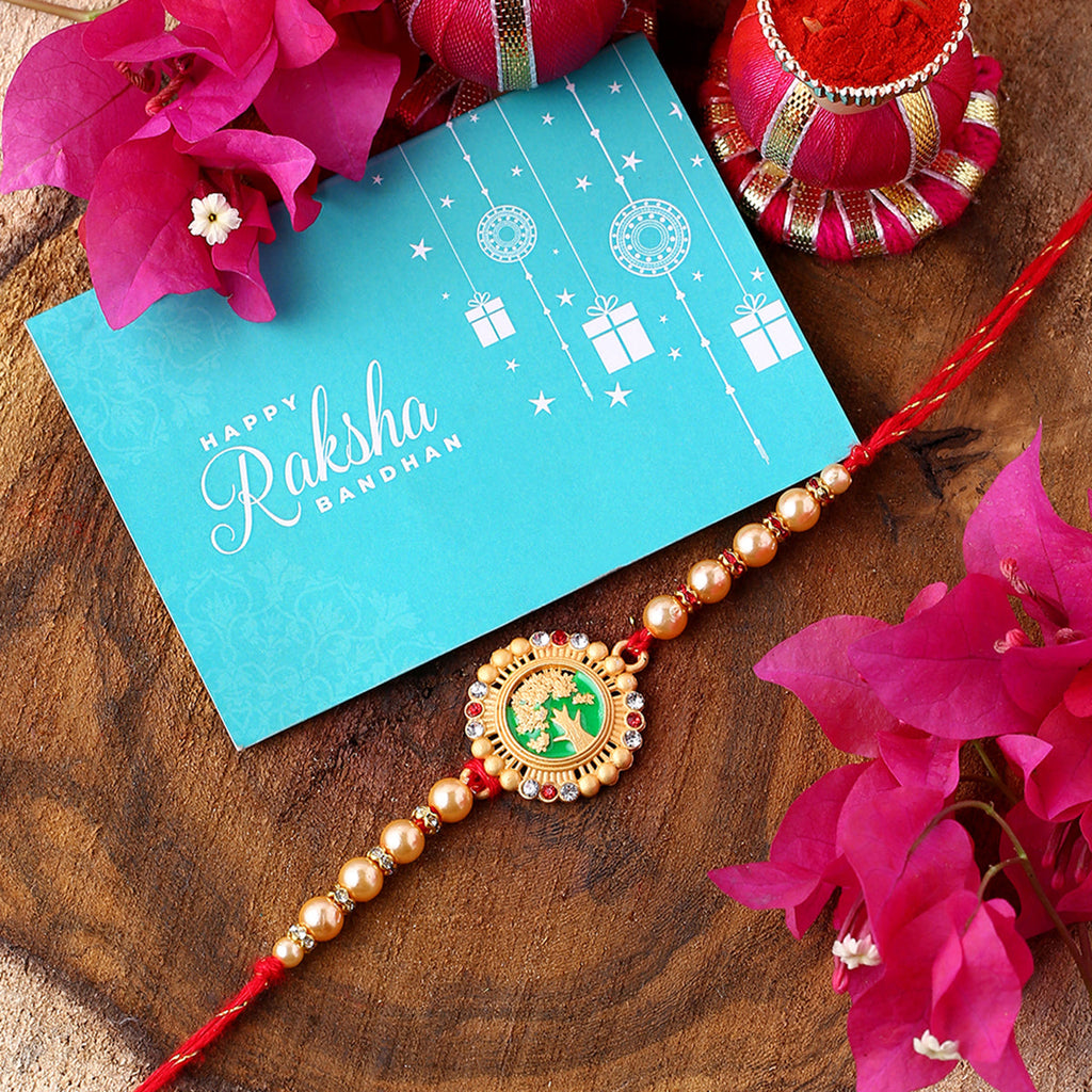 trueBrowns X Voylla Beige Beaded Enamel Rakhi With Roli Chaawal Pack | Grocsy