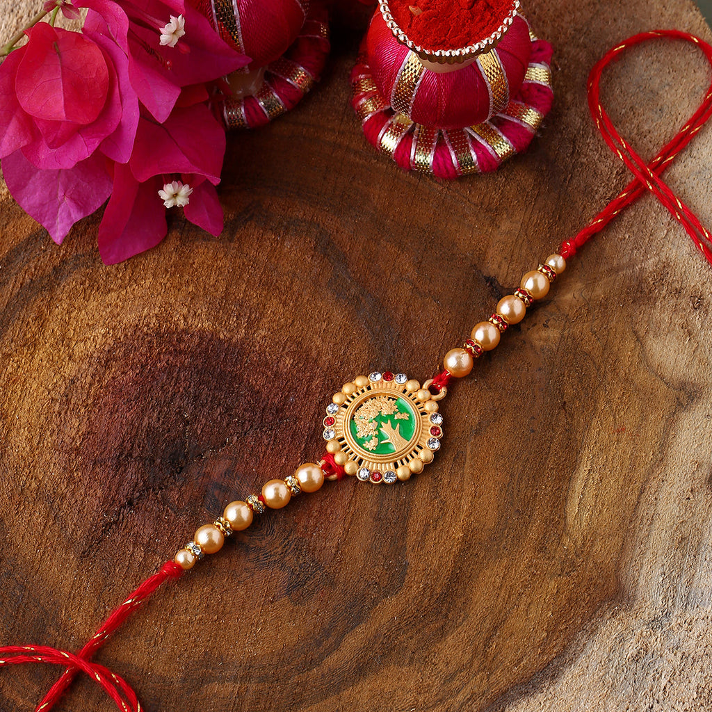 trueBrowns X Voylla Beige Beaded Enamel Rakhi With Roli Chaawal Pack | Grocsy