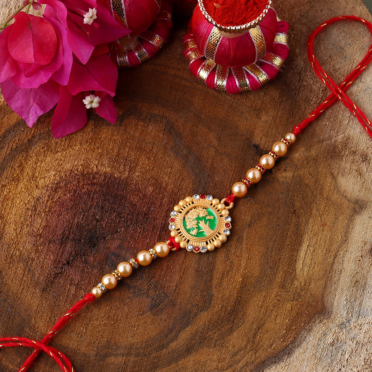 trueBrowns X Voylla Beige Beaded Enamel Rakhi With Roli Chaawal Pack | Grocsy
