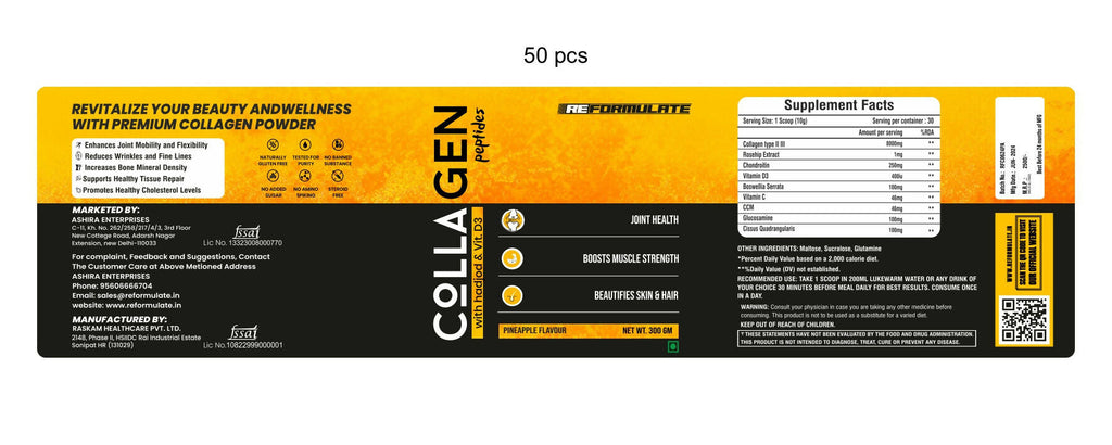 Reformulate Colla Gen Powder Peptides With Hadjod & Vitamin D3 I Joint Health I Boosts Muscle Strength I Beautifies Skin & Hair I Pine Apple | Grocsy