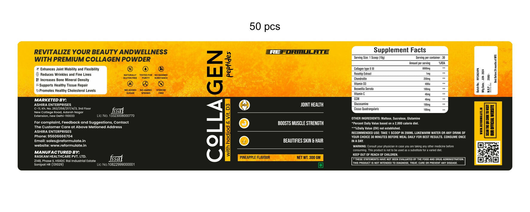 Reformulate Colla Gen Powder Peptides With Hadjod & Vitamin D3 I Joint Health I Boosts Muscle Strength I Beautifies Skin & Hair I Pine Apple | Grocsy