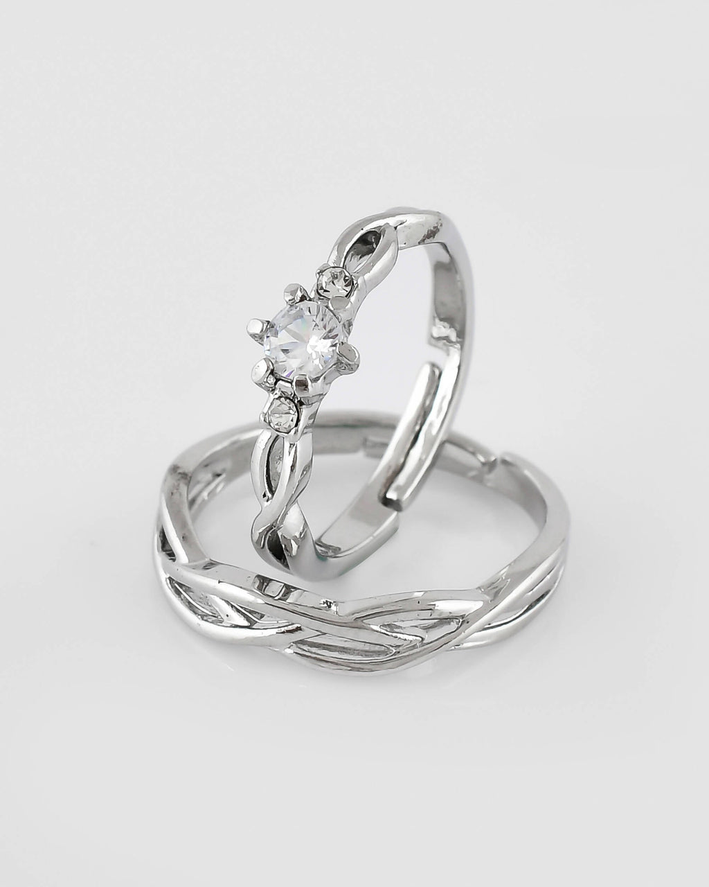 VOJ Stainless Steel Cubic Zirconia Silver Plated Adjustable Ring Set for Couple | Grocsy