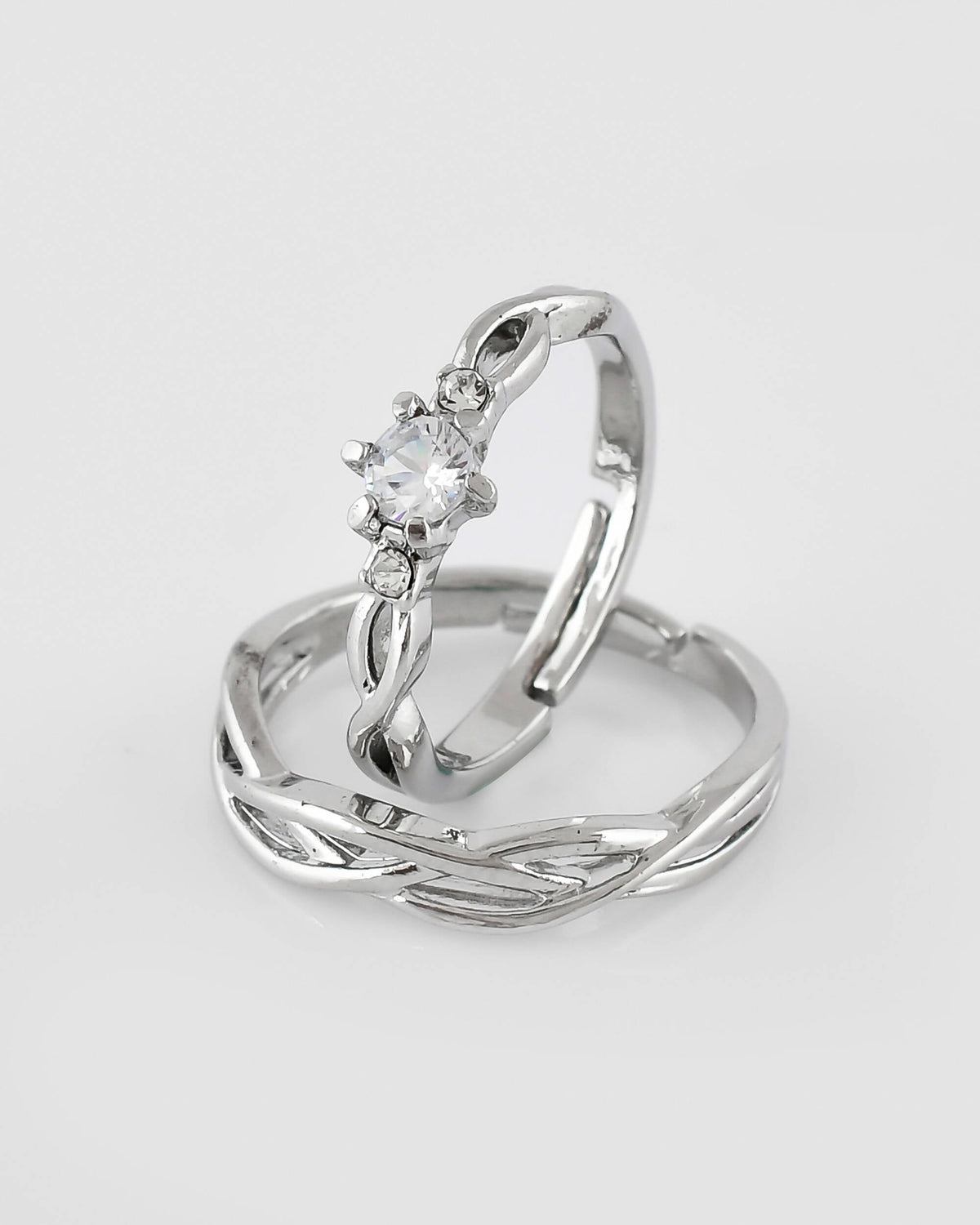 VOJ Stainless Steel Cubic Zirconia Silver Plated Adjustable Ring Set for Couple | Grocsy
