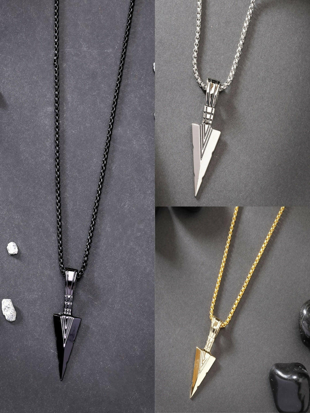 NVR Men's Set of 3 Multicolor Rhodium-Plated Arrow-Shaped Pendant With Chain | Grocsy