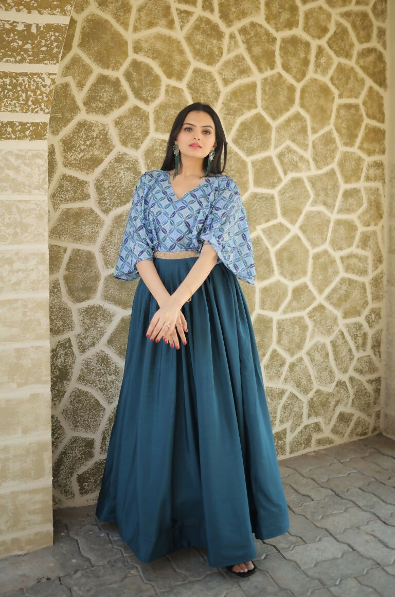 Jyoti Fashion Women's Teal Printed with Sequins Chinon Anarkali Dress | Grocsy