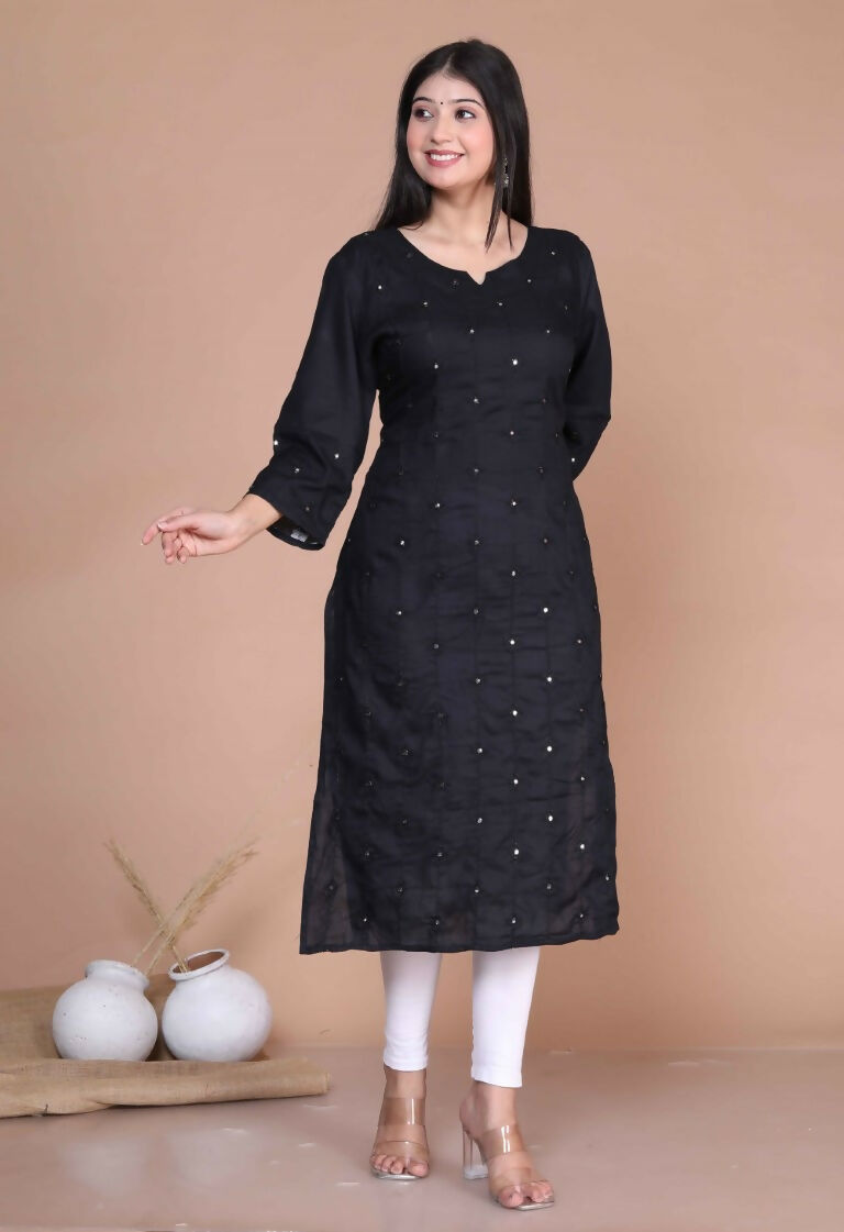 Miravan Women's Black Embroidered And Mirror Work Pakistani Straight Kurti | Grocsy