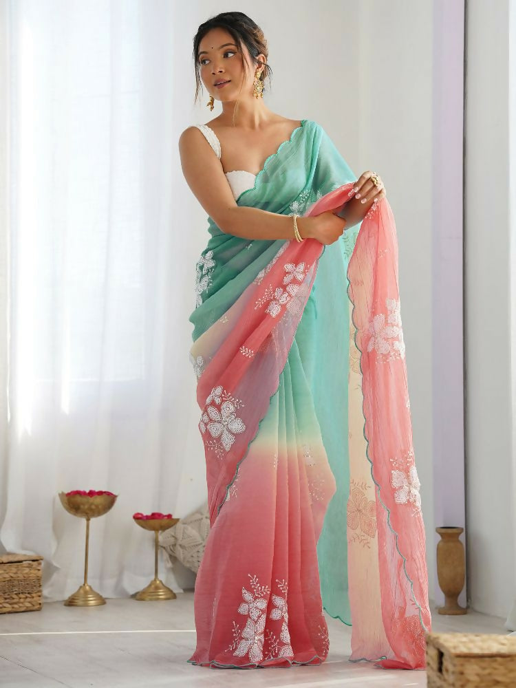 PR Fashion Rama_Peach Gold Crush Embroidery Work Saree | Grocsy