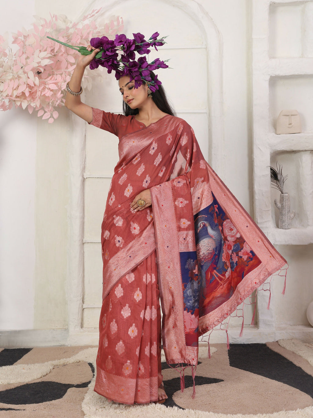 Shree Shyam Fashion Linen Cotton Rust Saree | Grocsy