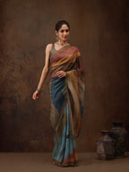 Multicolor Silk Blend Digital Print Striped Saree with Unstitched Blouse - Hiral Fashion | Grocsy