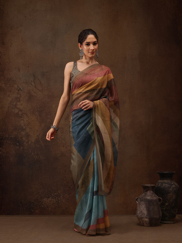 Multicolor Silk Blend Digital Print Striped Saree with Unstitched Blouse - Hiral Fashion | Grocsy