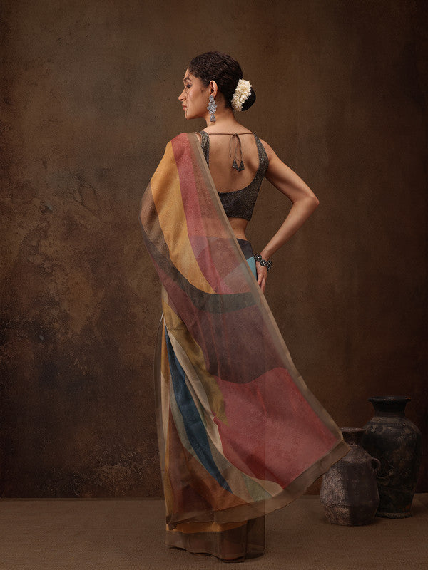 Multicolor Silk Blend Digital Print Striped Saree with Unstitched Blouse - Hiral Fashion | Grocsy