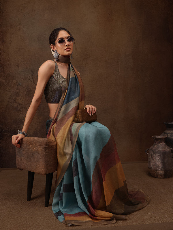 Multicolor Silk Blend Digital Print Striped Saree with Unstitched Blouse - Hiral Fashion | Grocsy