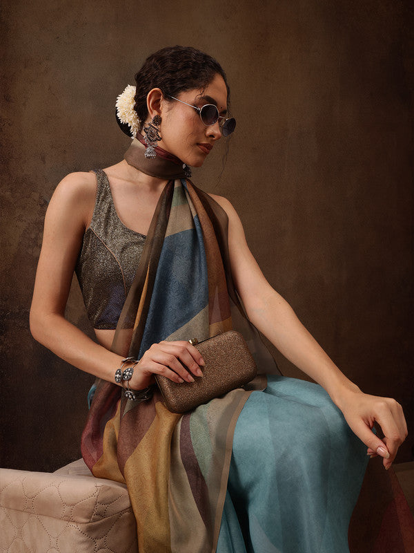 Multicolor Silk Blend Digital Print Striped Saree with Unstitched Blouse - Hiral Fashion | Grocsy