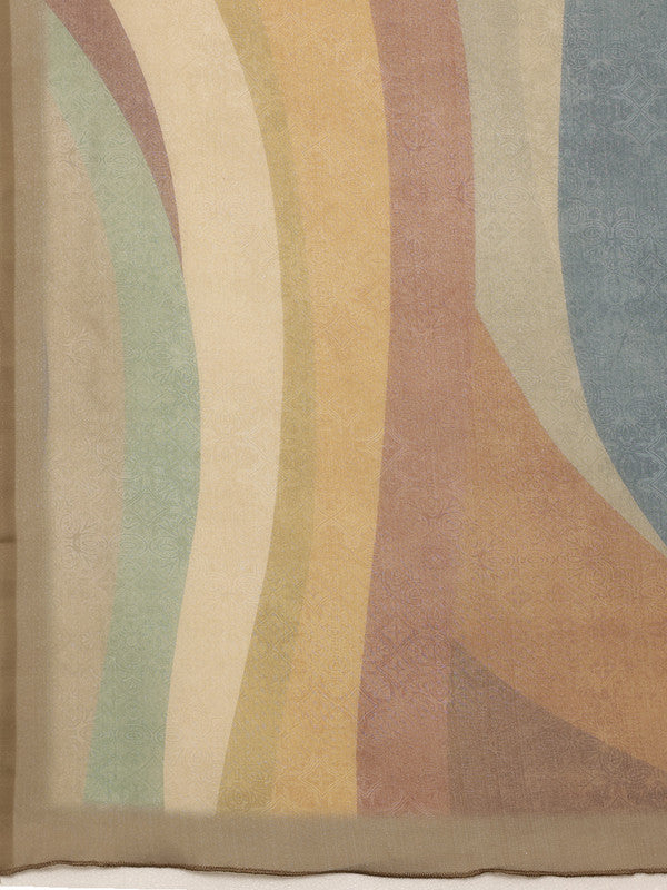 Multicolor Silk Blend Digital Print Striped Saree with Unstitched Blouse - Hiral Fashion | Grocsy