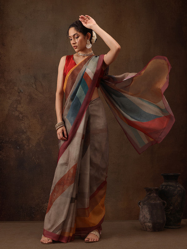 Multicolor Silk Blend Digital Print Striped Saree with Unstitched Blouse - Hiral Fashion | Grocsy