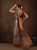 Multicolor Silk Blend Digital Print Striped Saree with Unstitched Blouse - Hiral Fashion | Grocsy