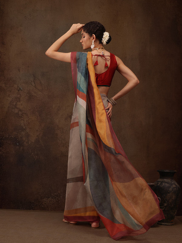 Multicolor Silk Blend Digital Print Striped Saree with Unstitched Blouse - Hiral Fashion | Grocsy
