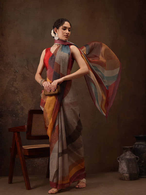 Multicolor Silk Blend Digital Print Striped Saree with Unstitched Blouse - Hiral Fashion | Grocsy