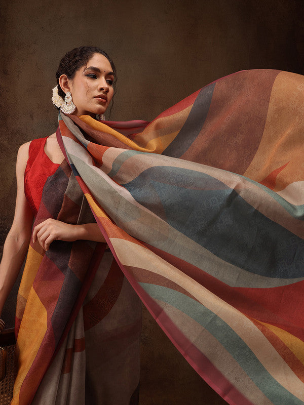 Multicolor Silk Blend Digital Print Striped Saree with Unstitched Blouse - Hiral Fashion | Grocsy