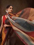 Multicolor Silk Blend Digital Print Striped Saree with Unstitched Blouse - Hiral Fashion | Grocsy