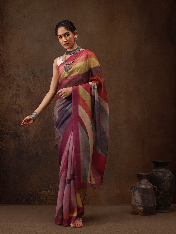 Multicolor Silk Blend Digital Print Striped Saree with Unstitched Blouse - Hiral Fashion | Grocsy