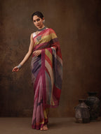 Multicolor Silk Blend Digital Print Striped Saree with Unstitched Blouse - Hiral Fashion | Grocsy