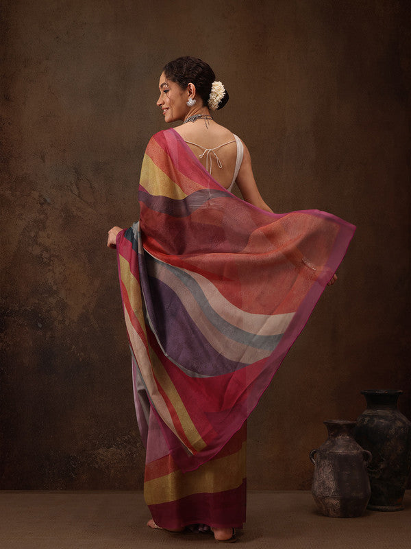 Multicolor Silk Blend Digital Print Striped Saree with Unstitched Blouse - Hiral Fashion | Grocsy