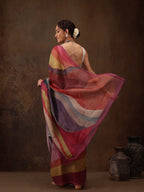 Multicolor Silk Blend Digital Print Striped Saree with Unstitched Blouse - Hiral Fashion | Grocsy