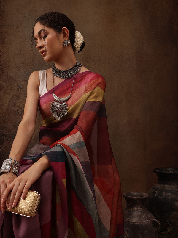 Multicolor Silk Blend Digital Print Striped Saree with Unstitched Blouse - Hiral Fashion | Grocsy