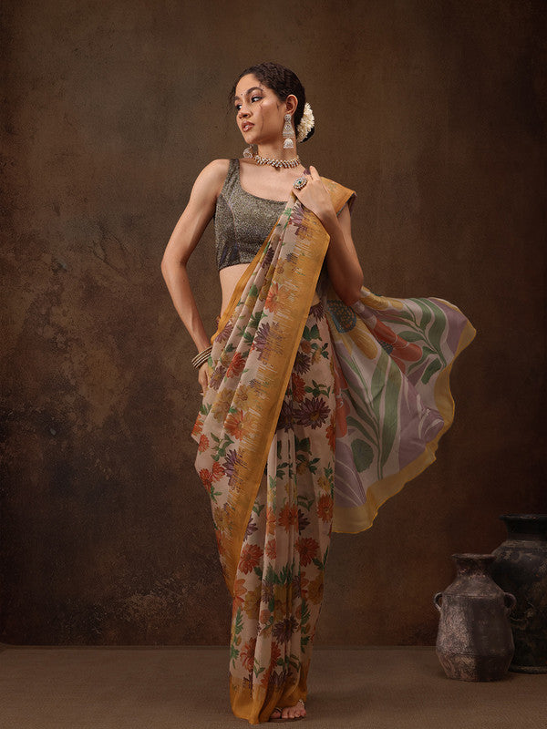 Multicolor Silk Blend Digital Print Floral Saree with Unstitched Blouse - Hiral Fashion | Grocsy
