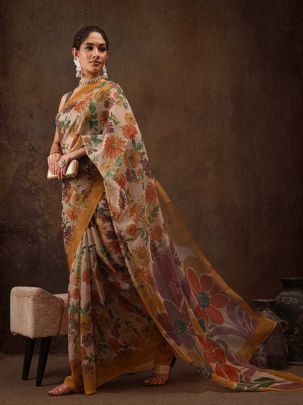 Multicolor Silk Blend Digital Print Floral Saree with Unstitched Blouse - Hiral Fashion | Grocsy
