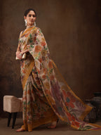 Multicolor Silk Blend Digital Print Floral Saree with Unstitched Blouse - Hiral Fashion | Grocsy
