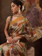 Multicolor Silk Blend Digital Print Floral Saree with Unstitched Blouse - Hiral Fashion | Grocsy