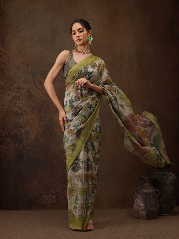 Multicolor Silk Blend Digital Print Floral Saree with Unstitched Blouse - Hiral Fashion | Grocsy