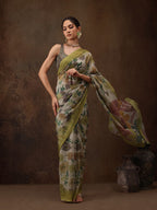 Multicolor Silk Blend Digital Print Floral Saree with Unstitched Blouse - Hiral Fashion | Grocsy