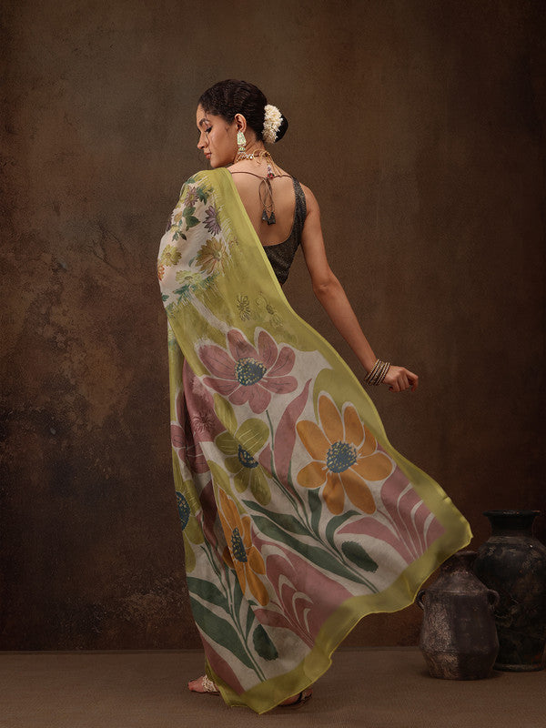 Multicolor Silk Blend Digital Print Floral Saree with Unstitched Blouse - Hiral Fashion | Grocsy