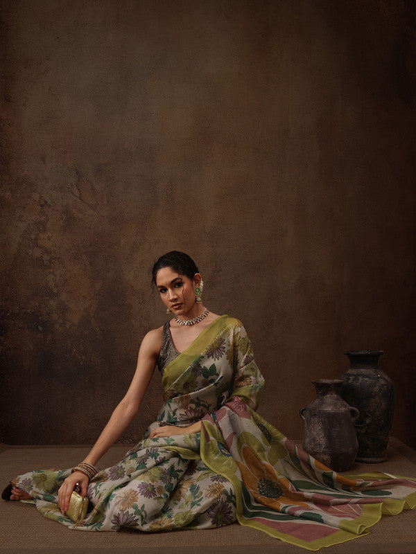 Multicolor Silk Blend Digital Print Floral Saree with Unstitched Blouse - Hiral Fashion | Grocsy