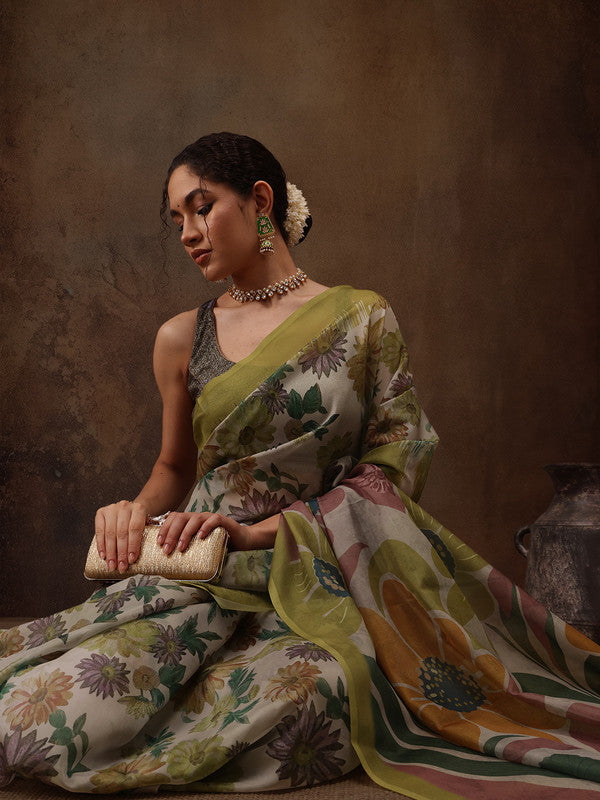 Multicolor Silk Blend Digital Print Floral Saree with Unstitched Blouse - Hiral Fashion | Grocsy